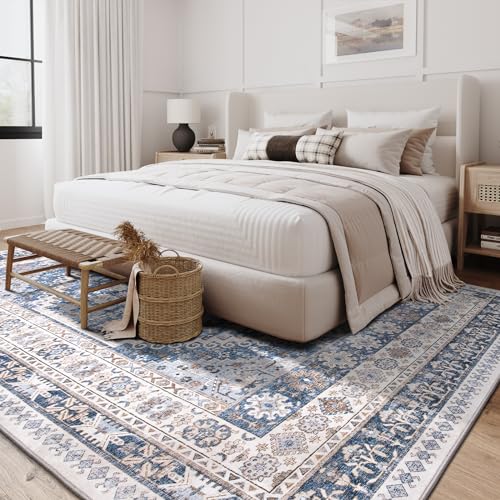 zesthome 9x12 Area Rugs,Stain Resistant Washable Rug,Ultra-Thin Rugs for Living Room,Bedroom,Non-Slip Backing Home Decor Large Area Rug (Blue/Beige,9'x12')