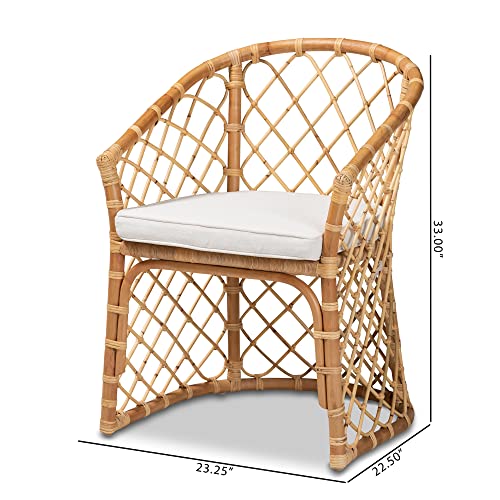 Baxton Studio Orchard Modern Bohemian White Fabric Upholstered and Natural Brown Rattan Dining Chair