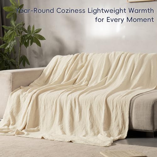 PHF 100% Cotton Muslin Blanket King Size 108" x 90", 4-Layer Lightweight and Breathable for Summer, Luxuriously Soft Gauze Bedding for Bed, Natural Minimalism Style, Ideal Gift, Beige/Short Bread