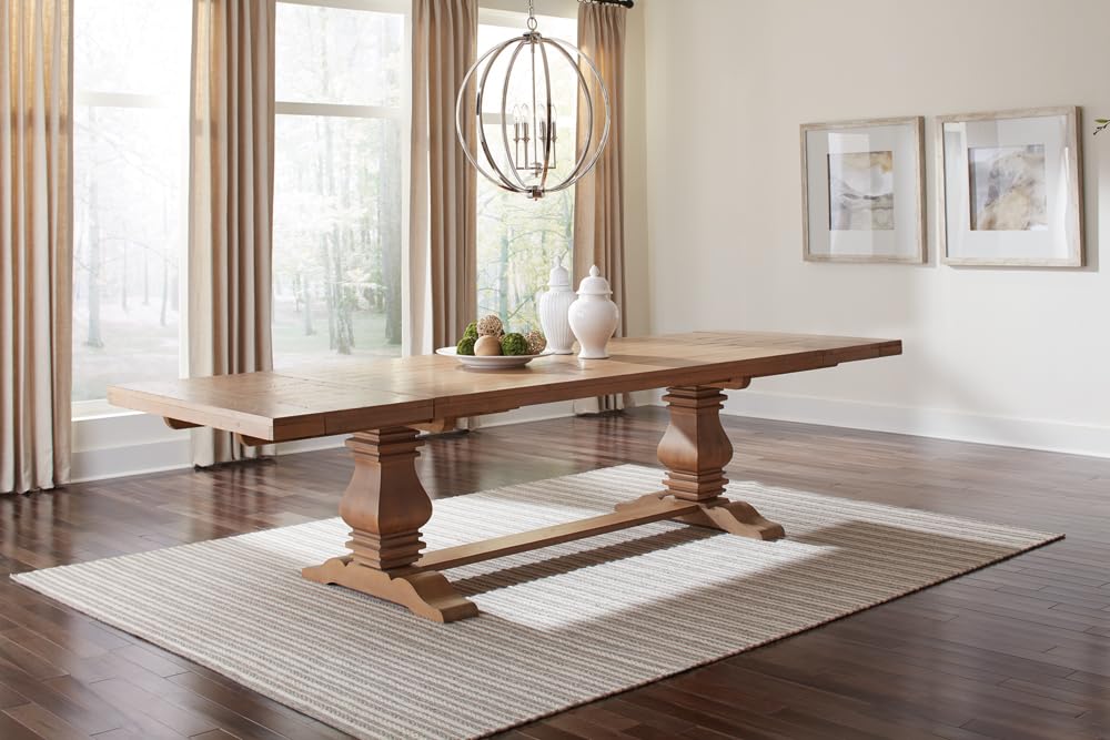Coaster Home Furnishings - Florence - Pine Wood - Farmhouse Rectangular Dining Table with 2 Removable Leaves and Double Pedestal Base - Dining Room & Kitchen - 126 Inch - Rustic Honey - 180201