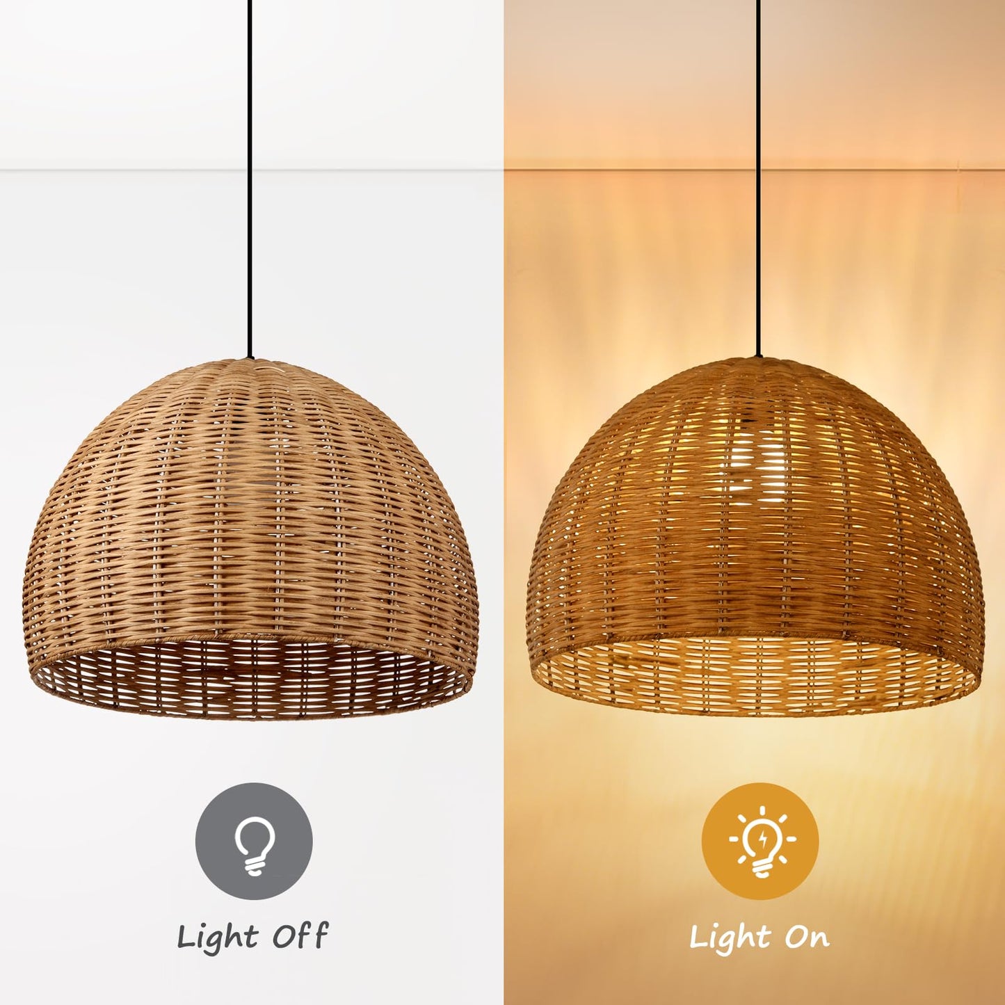Arturesthome Hand Woven Rattan Pendant Lighting Fixture, 1-Light Bohemian Weaving Natural Ceiling Hanging Light, Farmhouse Coastal Chandelier for Kitchen Island, Living Room, Dining Room