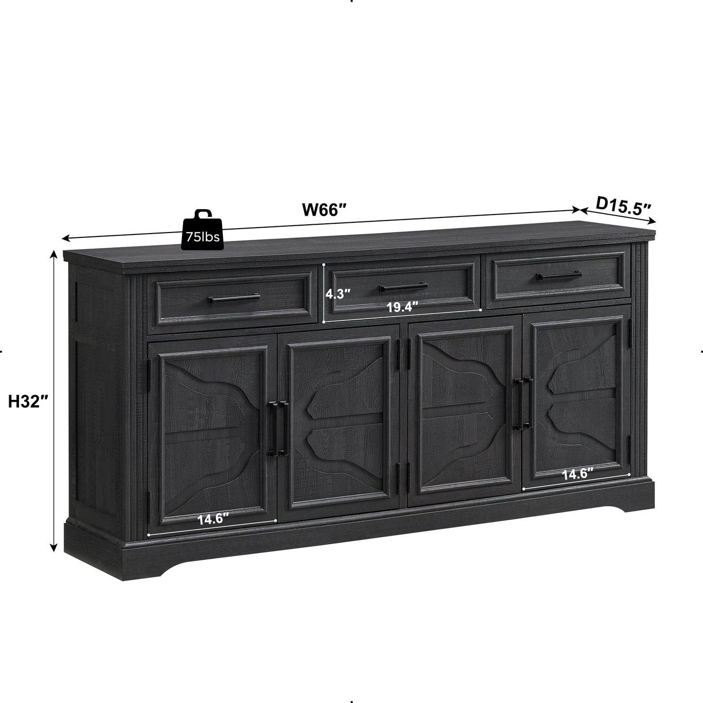 JXQTLINGMU 66" Large Buffet Sideboard Cabinet with 4 Doors and 3 Drawers, Buffet Table Coffee Bar Wine Bar Storage Cabinet for Dining Room, Living Room, Black