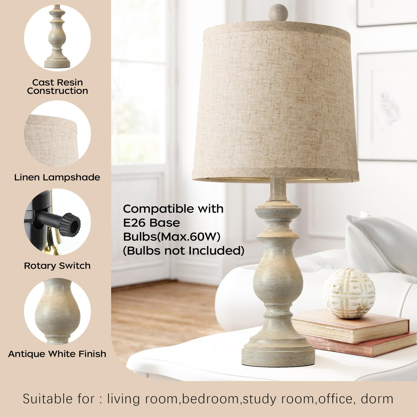 PARTPHONER Traditional Table Lamp Set of 2, Rustic Farmhouse Table Lamps for Living Room Bedroom, 22" Bedside Desk Lamps Vintage Nightstand Lamps with Linen Shades, Antique White