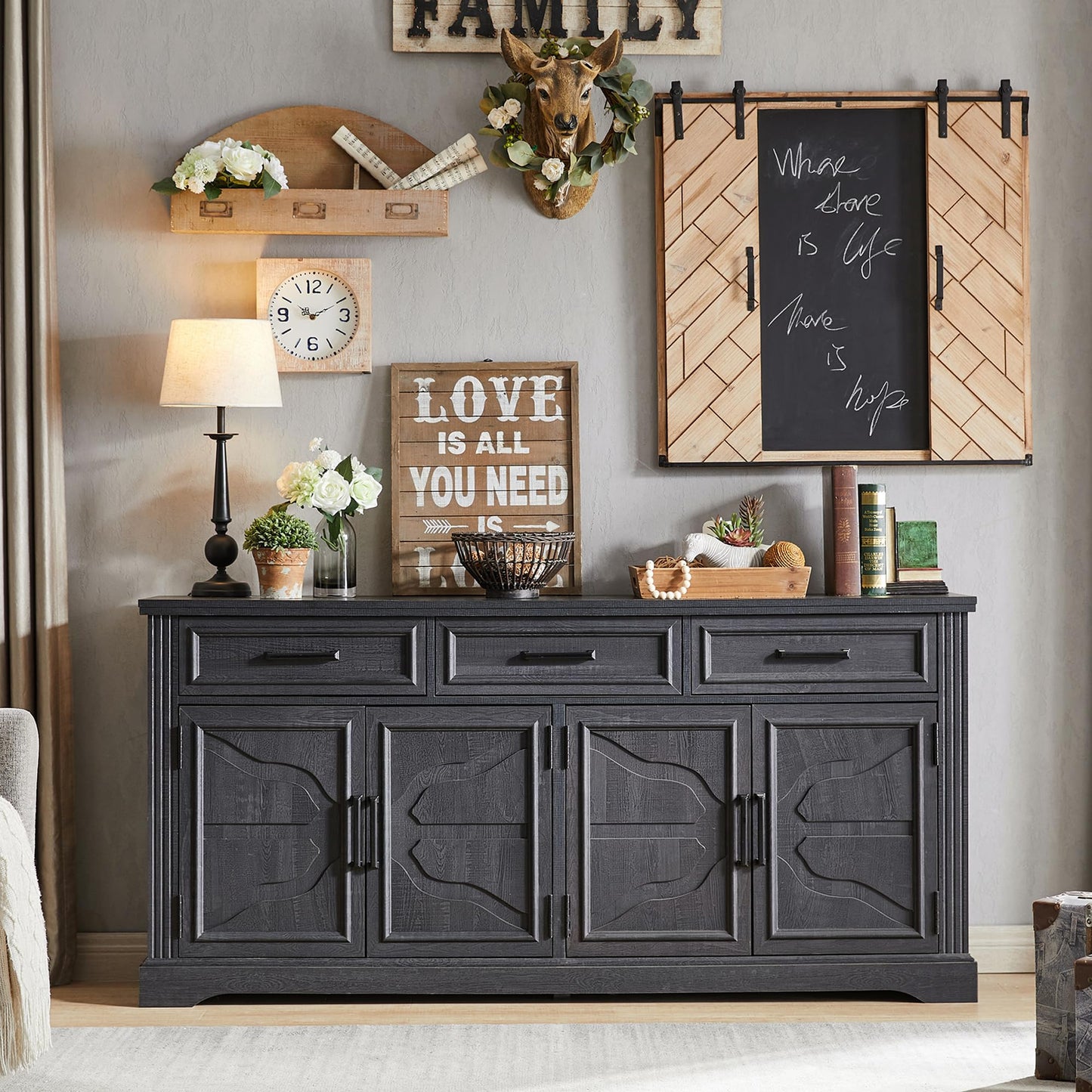 JXQTLINGMU 66" Large Buffet Sideboard Cabinet with 4 Doors and 3 Drawers, Buffet Table Coffee Bar Wine Bar Storage Cabinet for Dining Room, Living Room, Black