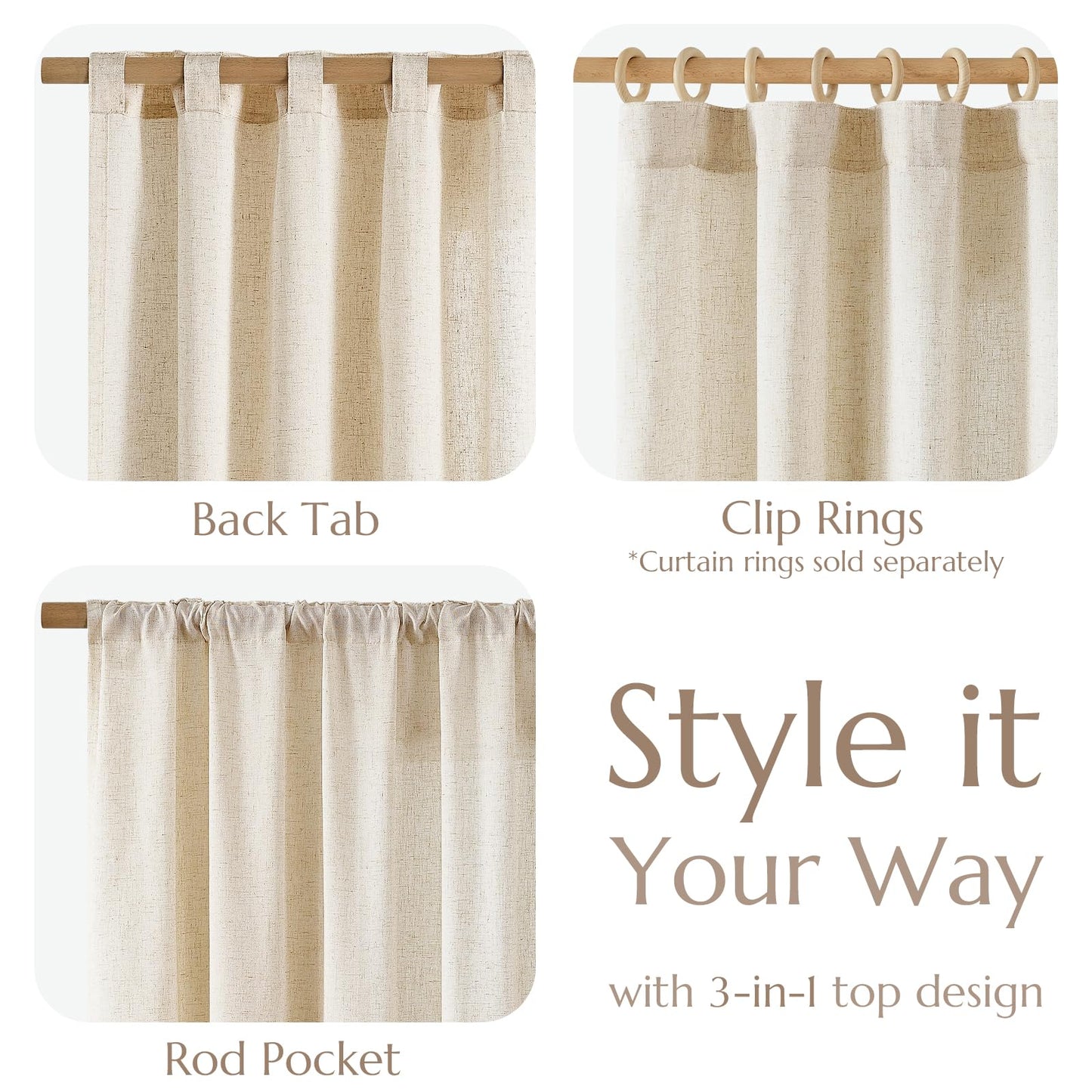 jinchan Linen Blend Beige Curtain for Living Room 90 Inch Length Extra Wide for Room Divider Rustic Farmhouse Drape Rod Pocket Back Tab Light Filtering Bedroom Window Curtain 1 Panel Ecru