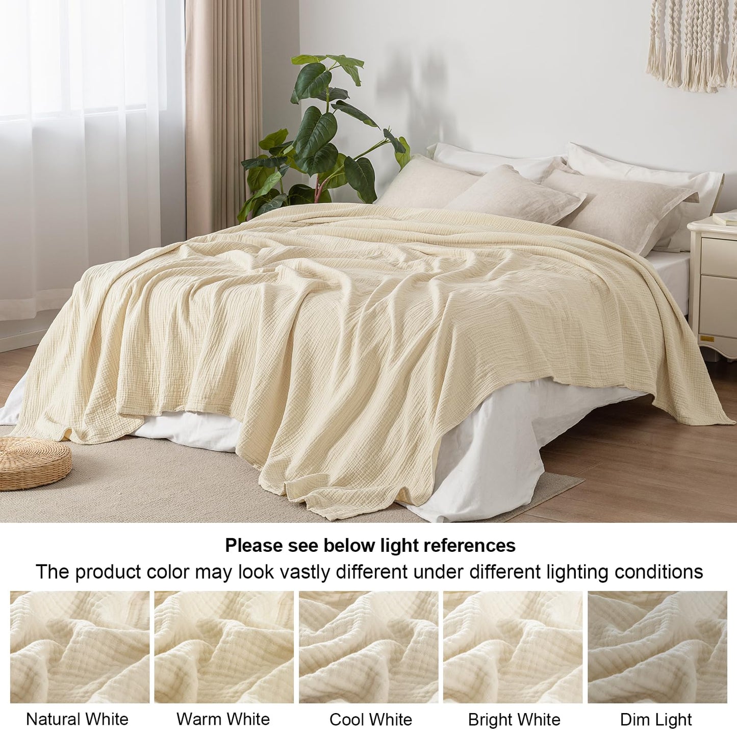 PHF 100% Cotton Muslin Blanket King Size 108" x 90", 4-Layer Lightweight and Breathable for Summer, Luxuriously Soft Gauze Bedding for Bed, Natural Minimalism Style, Ideal Gift, Beige/Short Bread