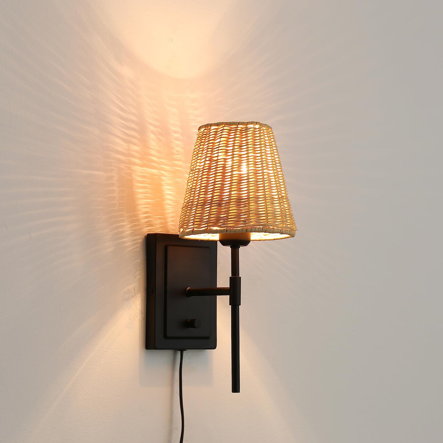 WINGBO Wall Sconce Rattan Wrapped Wall Lamp Set of 2, Wall Light Fixture Vintage Bedside Light Wicker Handmade Shade Reading Light Plug in or Hardwire Black