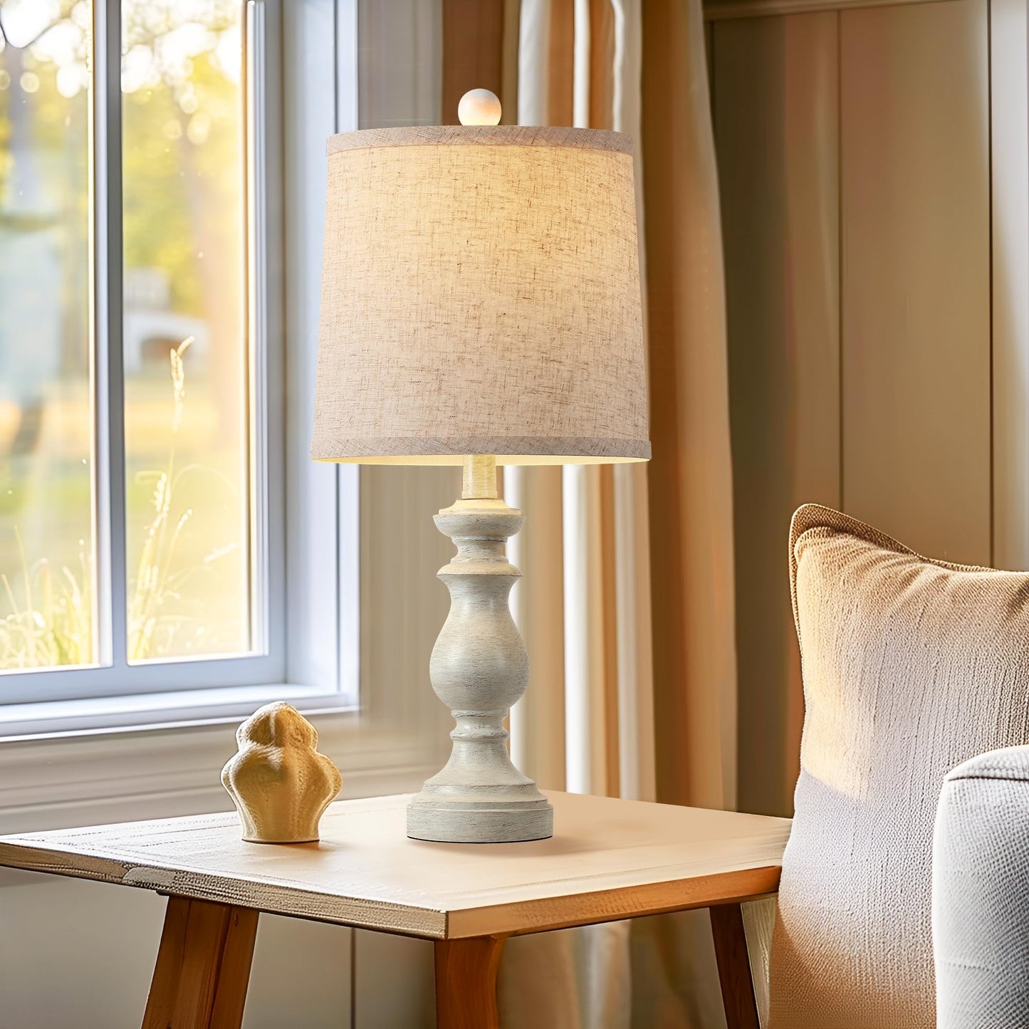 PARTPHONER Traditional Table Lamp Set of 2, Rustic Farmhouse Table Lamps for Living Room Bedroom, 22" Bedside Desk Lamps Vintage Nightstand Lamps with Linen Shades, Antique White