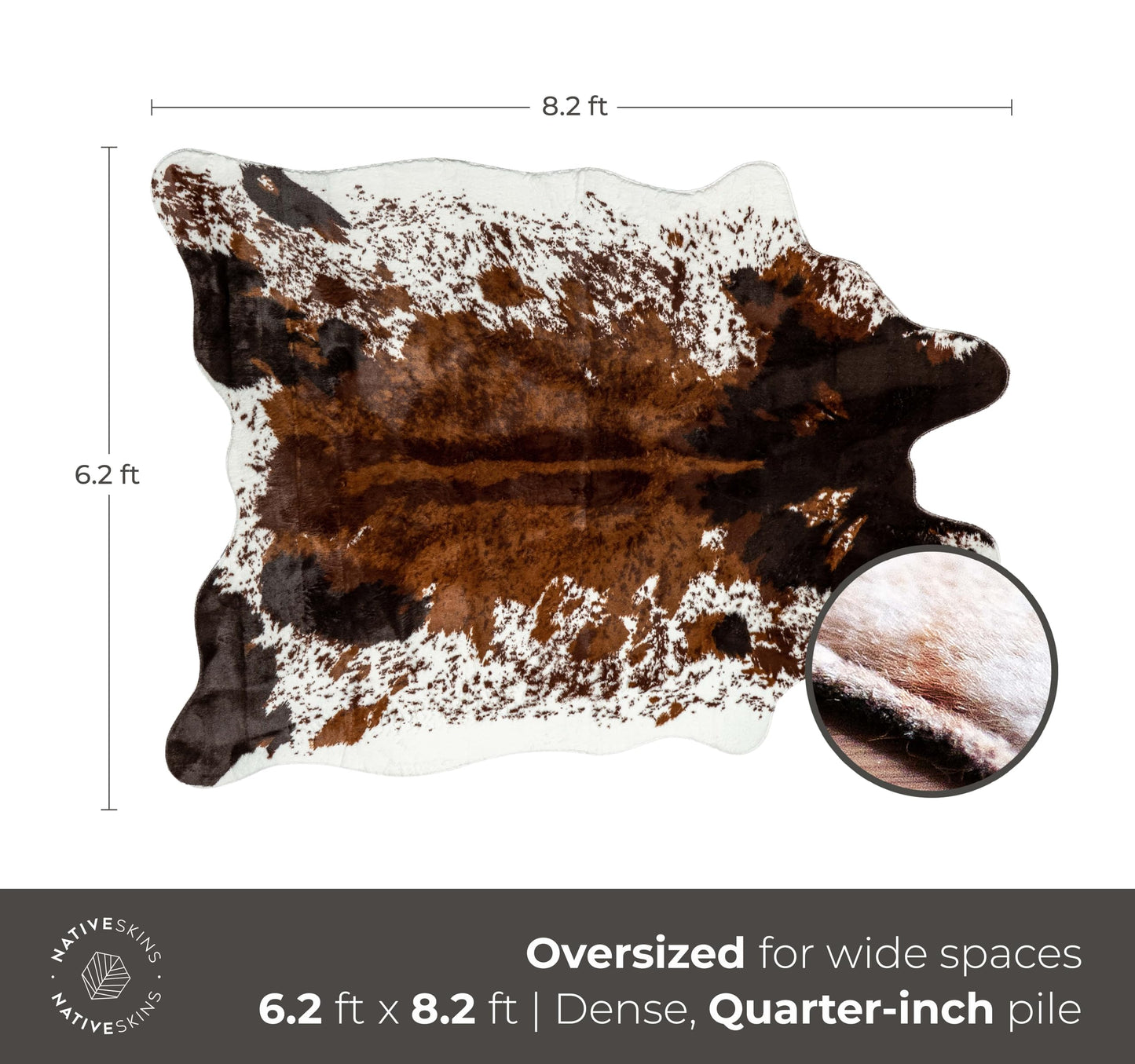 NativeSkins Faux Cowhide Rug – Original Brown (Oversized) | 6.2ft x 8.2ft | Cow Print | Western Bedroom Decor | Hand-Cut, Faux Suede No-Slip Backing | Western Rug | Animal Print | Cow Hide