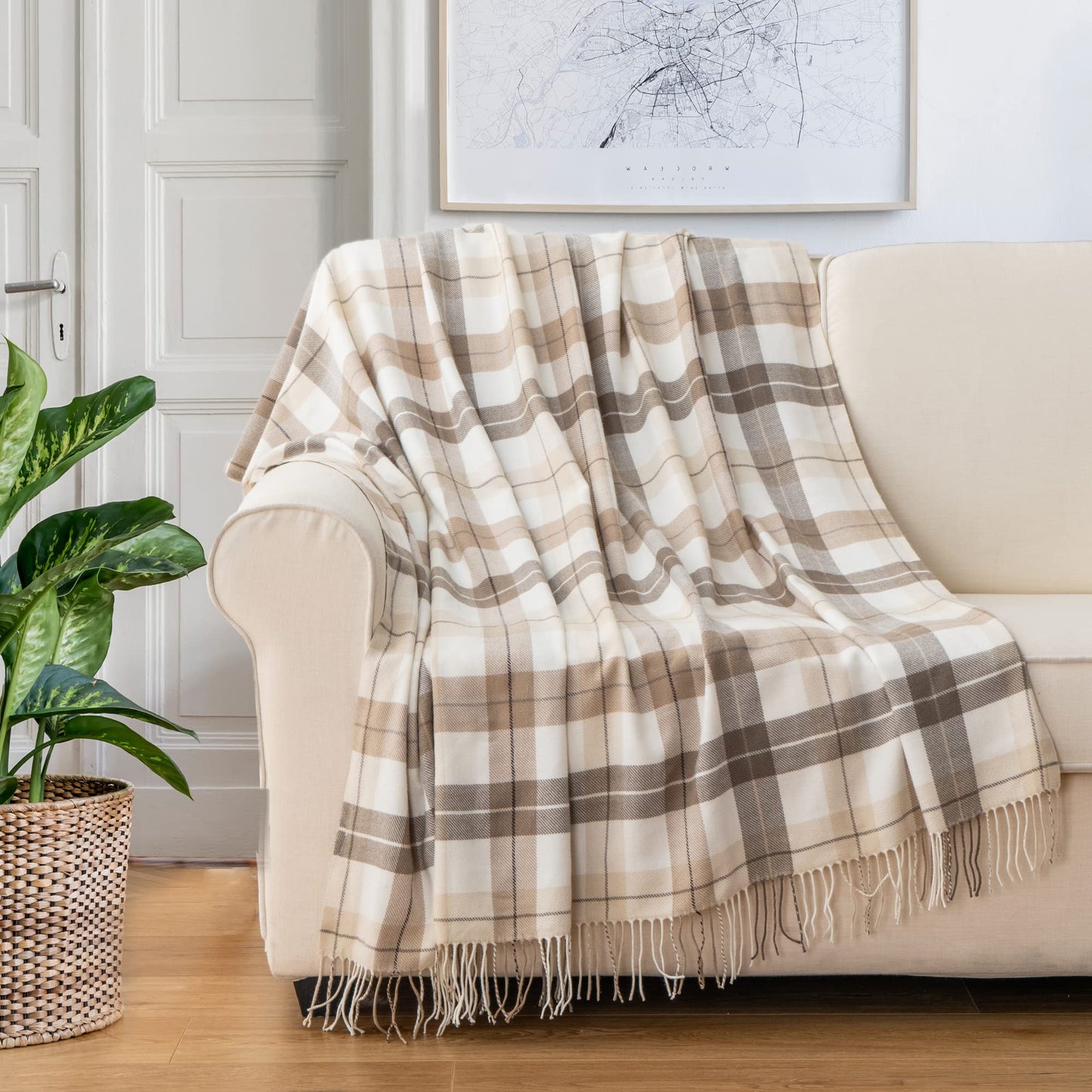 BATTILO HOME Fall Plaid Throw Blanket for Couch, Farmhouse Checkered Decor Throw, Lightweight Beige Throw Blankets for Bed Sofa Neutral Fall Decor, 50"x60"