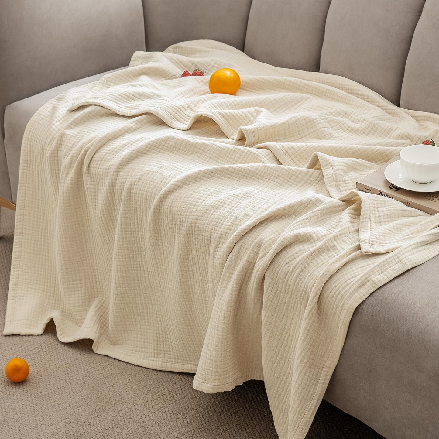 PHF 100% Cotton Muslin Blanket King Size 108" x 90", 4-Layer Lightweight and Breathable for Summer, Luxuriously Soft Gauze Bedding for Bed, Natural Minimalism Style, Ideal Gift, Beige/Short Bread