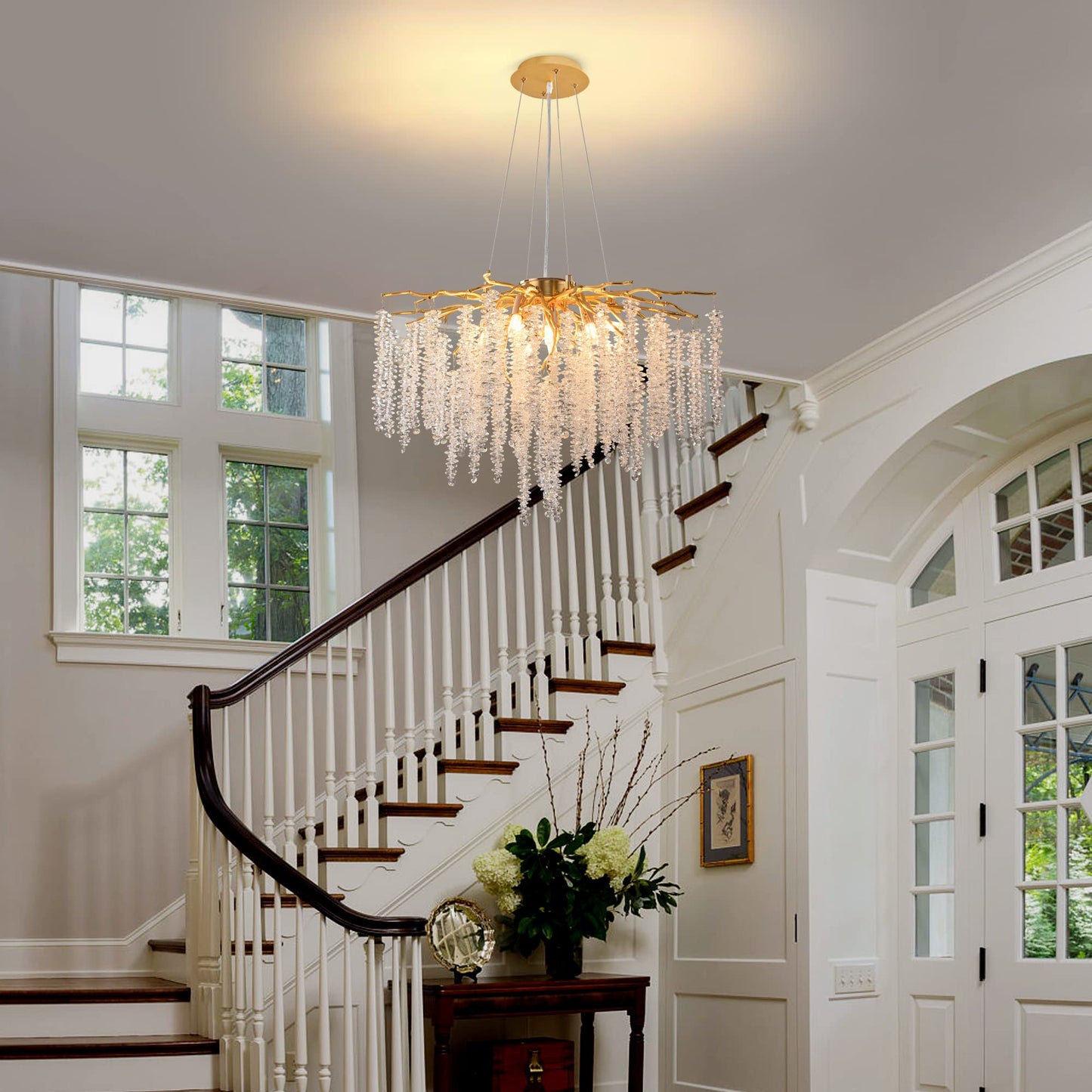 Puvaue Crystal Tree Branches Chandeliers Gold Luxury Round Raindrop Pendant Light Fixture 9 Light Tassel Ceiling Hanging Light for Dining Room Bedroom Living Room Entryway 23.7"
