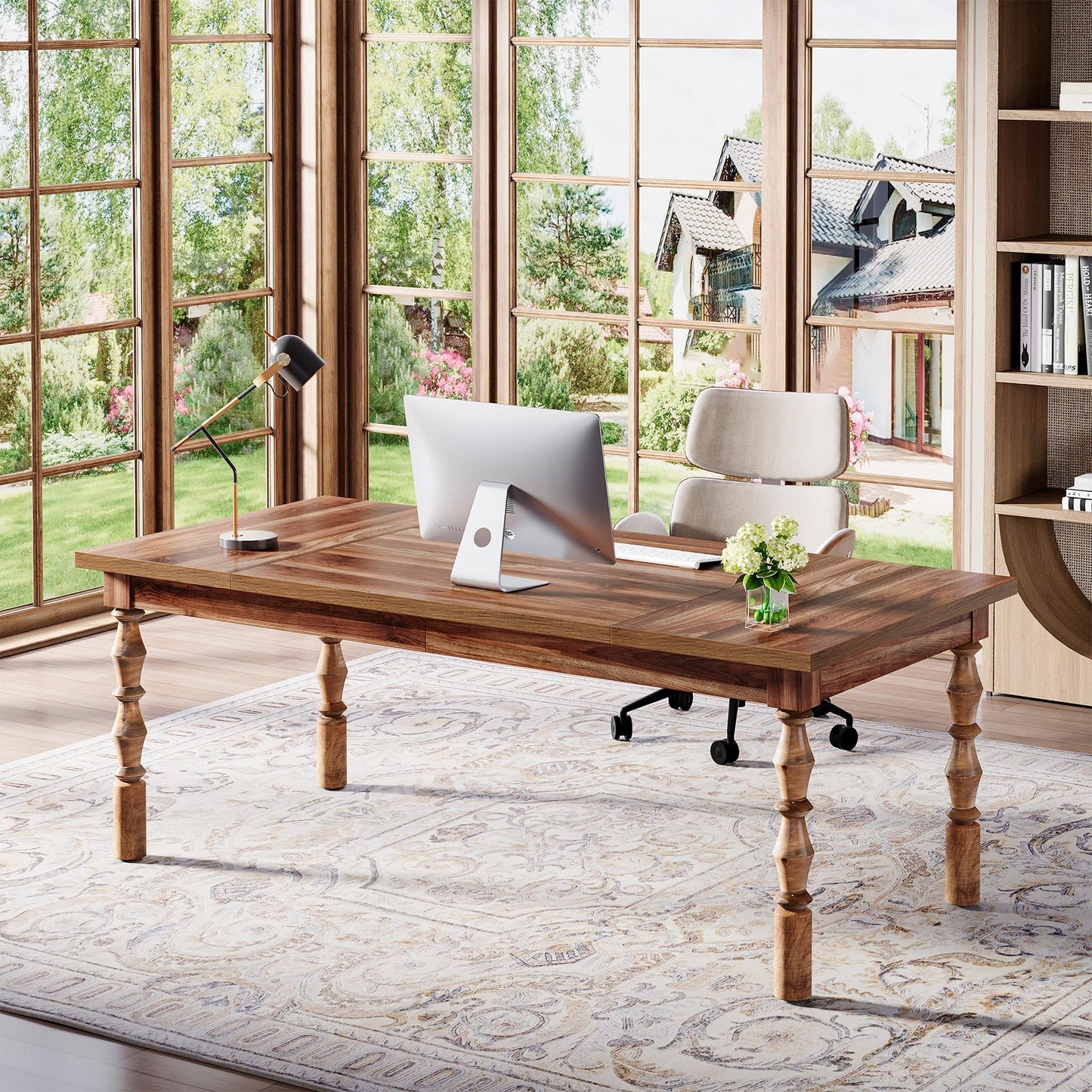 Tribesigns Large Executive Office Desk, 62.2-Inch Farmhouse Modern Computer Desk, Mid Century Study Writing Table Workstations Business Office Furniture with Carved Turned Legs (Walnut)