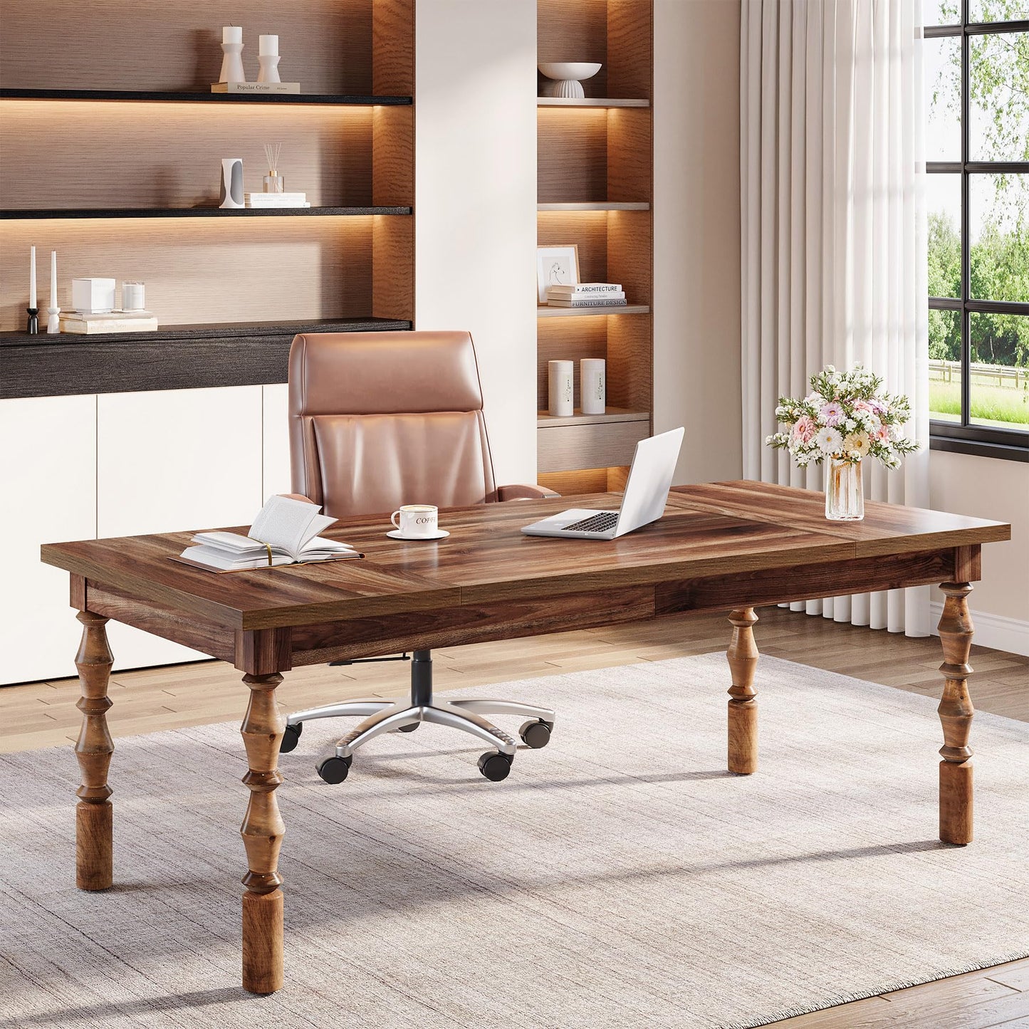 Tribesigns Large Executive Office Desk, 62.2-Inch Farmhouse Modern Computer Desk, Mid Century Study Writing Table Workstations Business Office Furniture with Carved Turned Legs (Walnut)