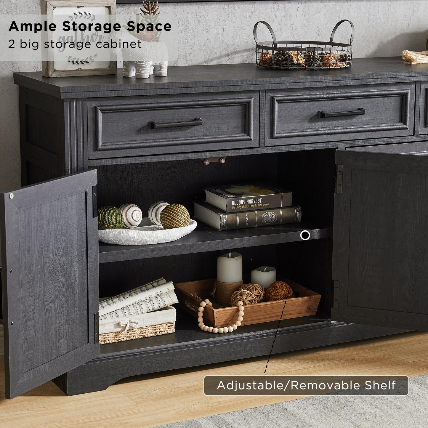 JXQTLINGMU 66" Large Buffet Sideboard Cabinet with 4 Doors and 3 Drawers, Buffet Table Coffee Bar Wine Bar Storage Cabinet for Dining Room, Living Room, Black