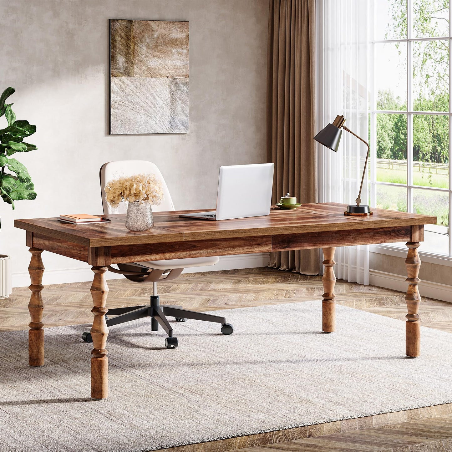 Tribesigns Large Executive Office Desk, 62.2-Inch Farmhouse Modern Computer Desk, Mid Century Study Writing Table Workstations Business Office Furniture with Carved Turned Legs (Walnut)