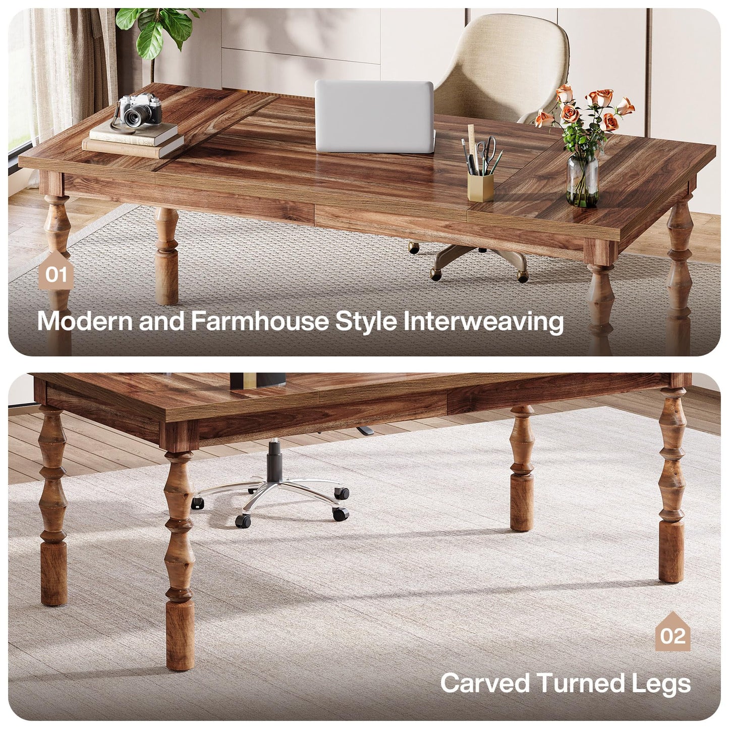 Tribesigns Large Executive Office Desk, 62.2-Inch Farmhouse Modern Computer Desk, Mid Century Study Writing Table Workstations Business Office Furniture with Carved Turned Legs (Walnut)