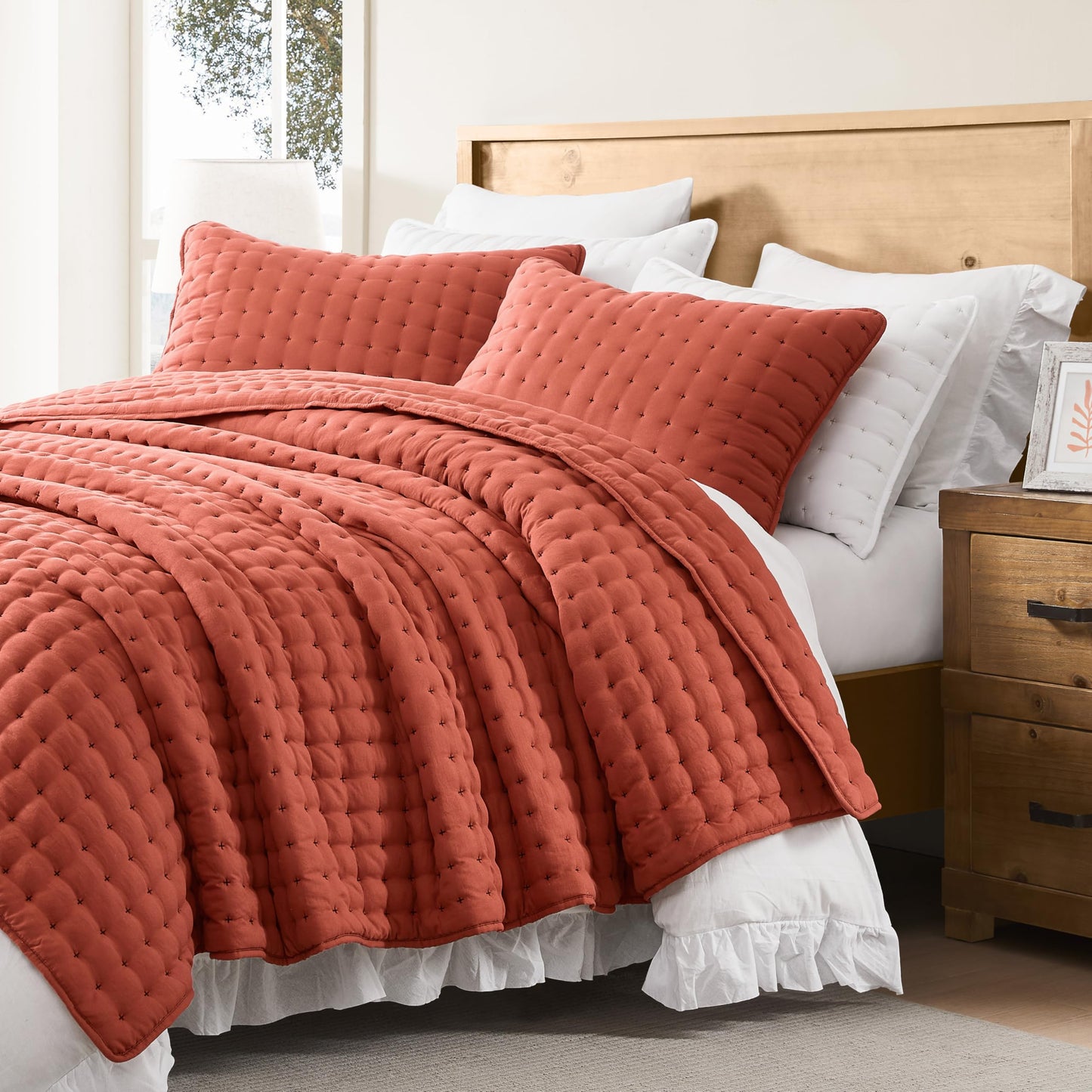 WDCOZY Burnt Orange Twin Size Quilt Bedding Sets with Pillow Sham, Red Lightweight Bedspread Coverlet, Quilted Blanket Thin Comforter Bed Cover, All Season Summer Spring, 2 Pieces, 68x90 inches