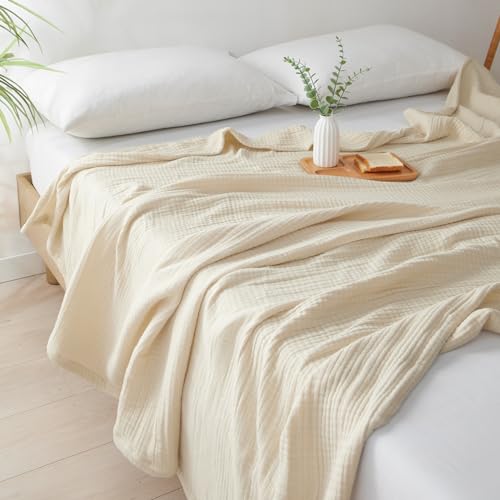PHF 100% Cotton Muslin Blanket King Size 108" x 90", 4-Layer Lightweight and Breathable Blanket for Summer, Luxuriously Soft Gauze Blanket for Couch Bed, Beige