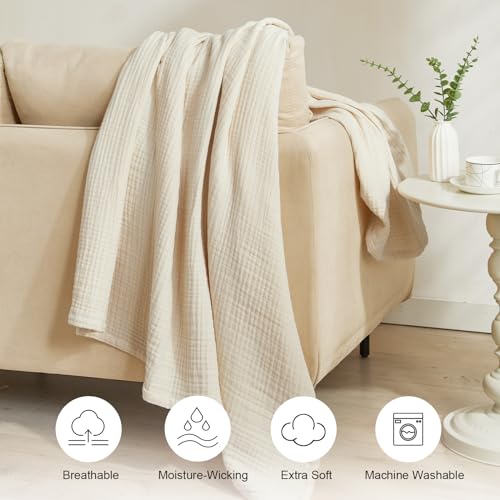 PHF 100% Cotton Muslin Blanket King Size 108" x 90", 4-Layer Lightweight and Breathable Blanket for Summer, Luxuriously Soft Gauze Blanket for Couch Bed, Beige