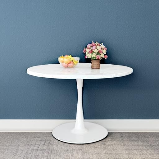 DKLGG White Marble Round, 42.1" Tulip Kitchen Dining 4-6 People with MDF Top & Pedestal Base, Mid-Century End Leisure Coffee Office Living Room Table