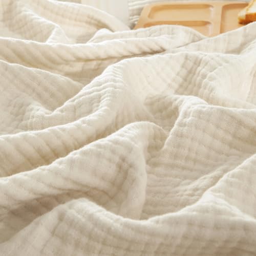 PHF 100% Cotton Muslin Blanket King Size 108" x 90", 4-Layer Lightweight and Breathable Blanket for Summer, Luxuriously Soft Gauze Blanket for Couch Bed, Beige