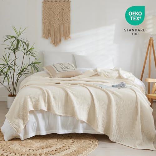 PHF 100% Cotton Muslin Blanket King Size 108" x 90", 4-Layer Lightweight and Breathable Blanket for Summer, Luxuriously Soft Gauze Blanket for Couch Bed, Beige
