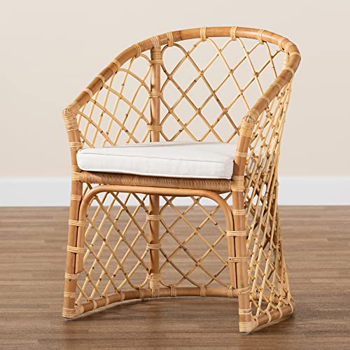 Baxton Studio Orchard Modern Bohemian White Fabric Upholstered and Natural Brown Rattan Dining Chair