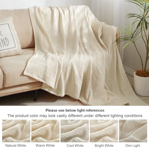 PHF 100% Cotton Muslin Blanket King Size 108" x 90", 4-Layer Lightweight and Breathable Blanket for Summer, Luxuriously Soft Gauze Blanket for Couch Bed, Beige