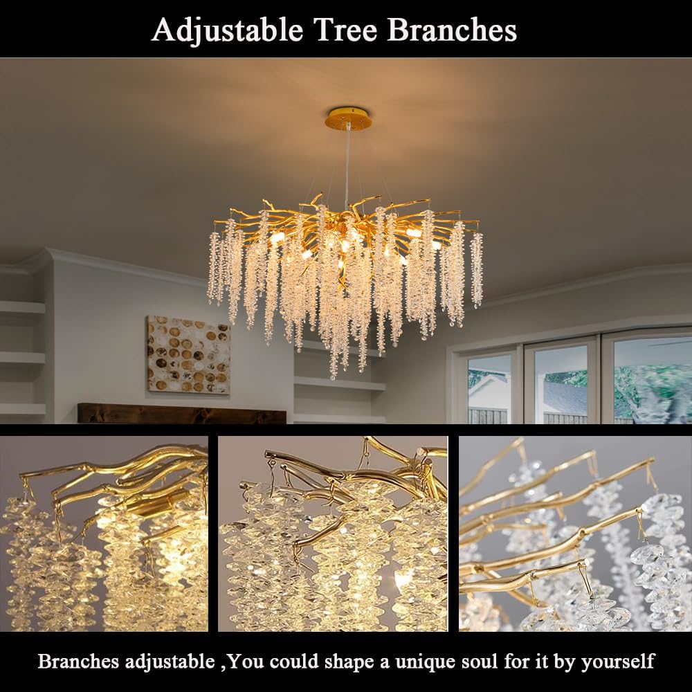 Puvaue Crystal Tree Branches Chandeliers Gold Luxury Round Raindrop Pendant Light Fixture 9 Light Tassel Ceiling Hanging Light for Dining Room Bedroom Living Room Entryway 23.7"