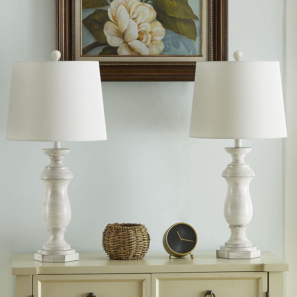 Maxax Table Lamps Set of 2, White Rustic Farmhouse Poly Bedside Nightstand Lamps with White Fabric Drum Shade for Living Room Bedroom - 27 Inches