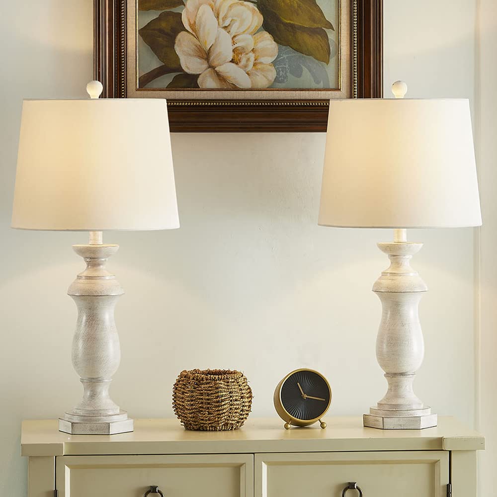 Maxax Table Lamps Set of 2, White Rustic Farmhouse Poly Bedside Nightstand Lamps with White Fabric Drum Shade for Living Room Bedroom - 27 Inches