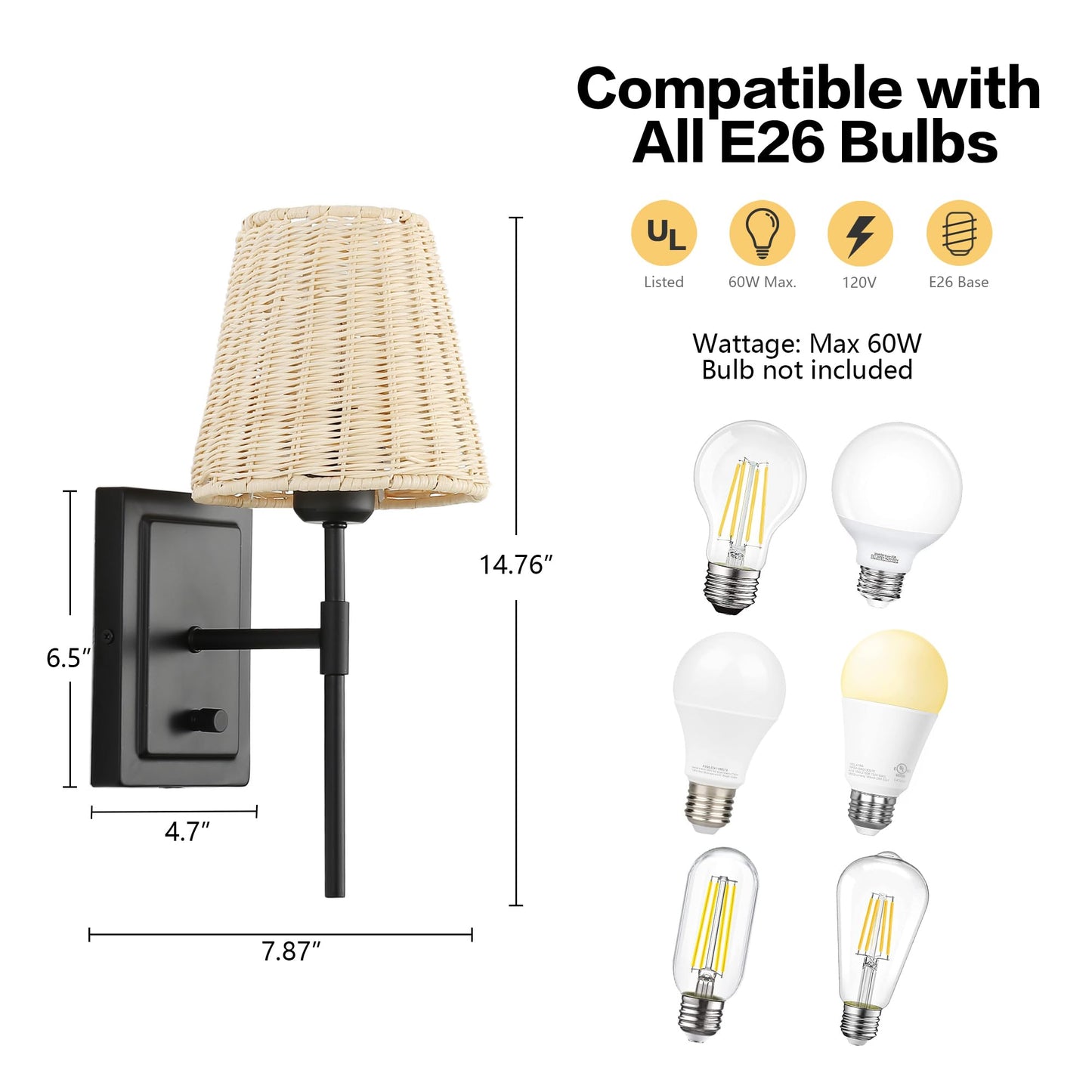 WINGBO Wall Sconce Rattan Wrapped Wall Lamp Set of 2, Wall Light Fixture Vintage Bedside Light Wicker Handmade Shade Reading Light Plug in or Hardwire Black