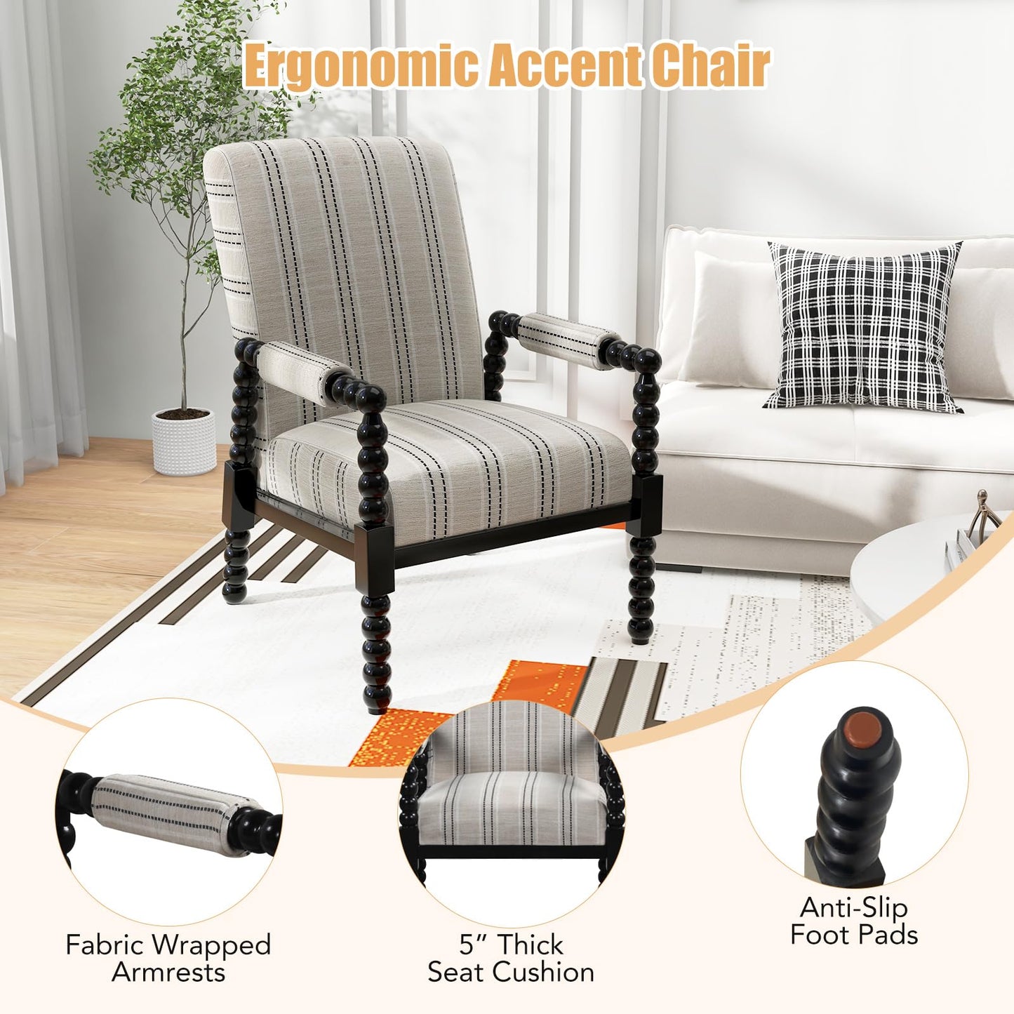 Giantex Mid Century Modern Spindle Accent Chair, Upholstered Armchair w/Rubber Wood Frame, Ergonomic Backrest & Fabric Covered Armrests, Comfy Single Sofa Chair for Reading Living Room Bedroom