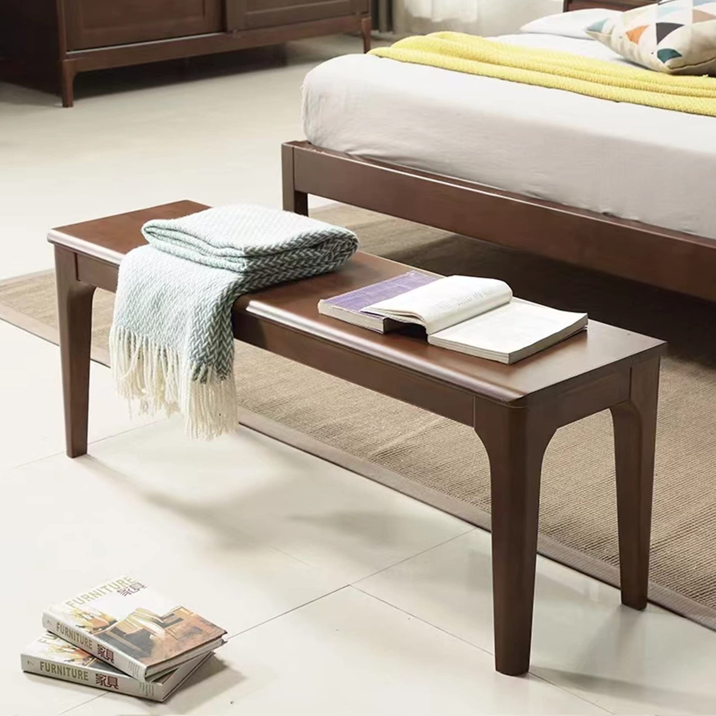 MU RONG Dining Bench, Wood Bench Solid USA Oak Walnut Color Bench Indoor Dining Room Table Home Bedroom Bed End Restaurant Modern Hallway Furniture, 39.4" W x 13.8" D x 17.7" H