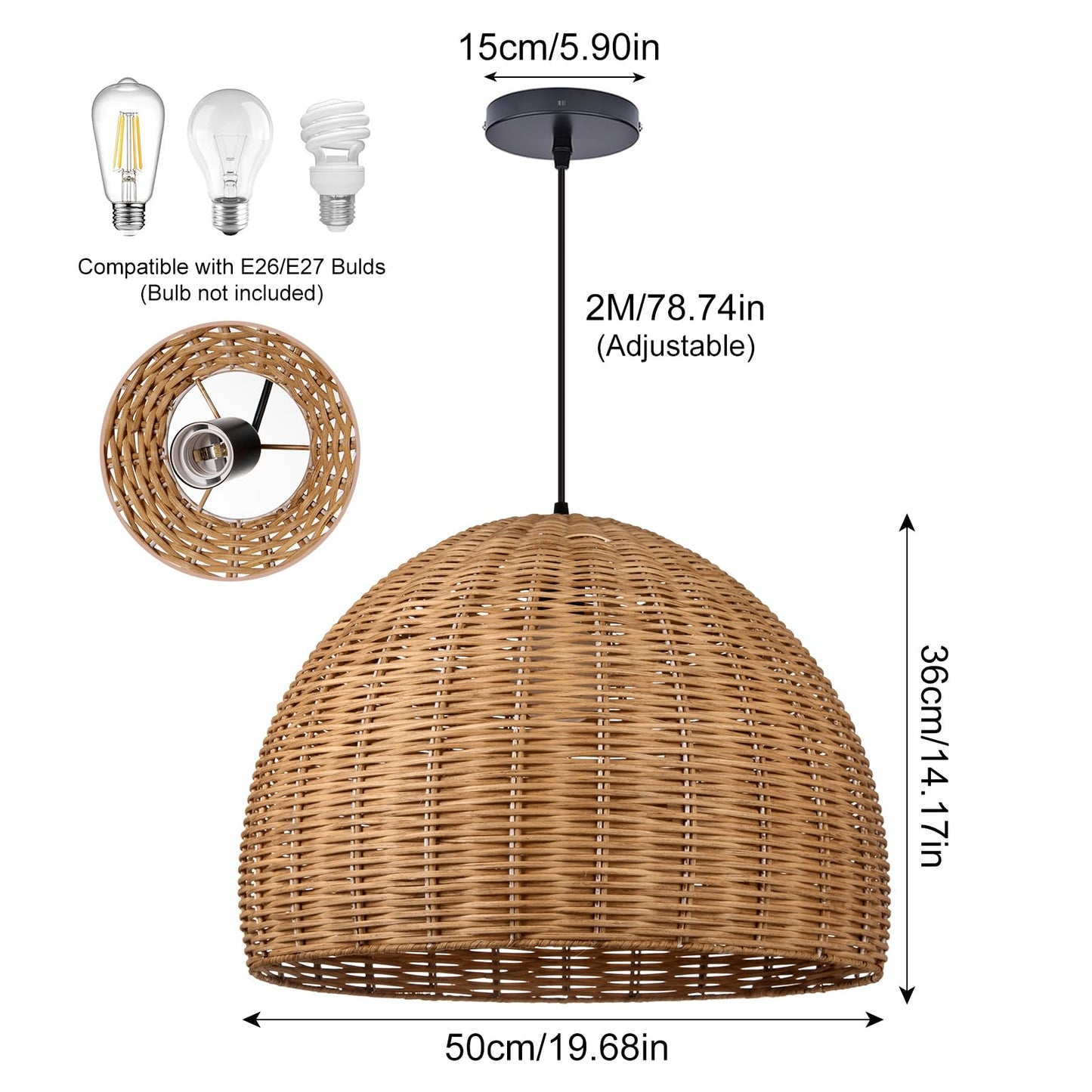Arturesthome Hand Woven Rattan Pendant Lighting Fixture, 1-Light Bohemian Weaving Natural Ceiling Hanging Light, Farmhouse Coastal Chandelier for Kitchen Island, Living Room, Dining Room