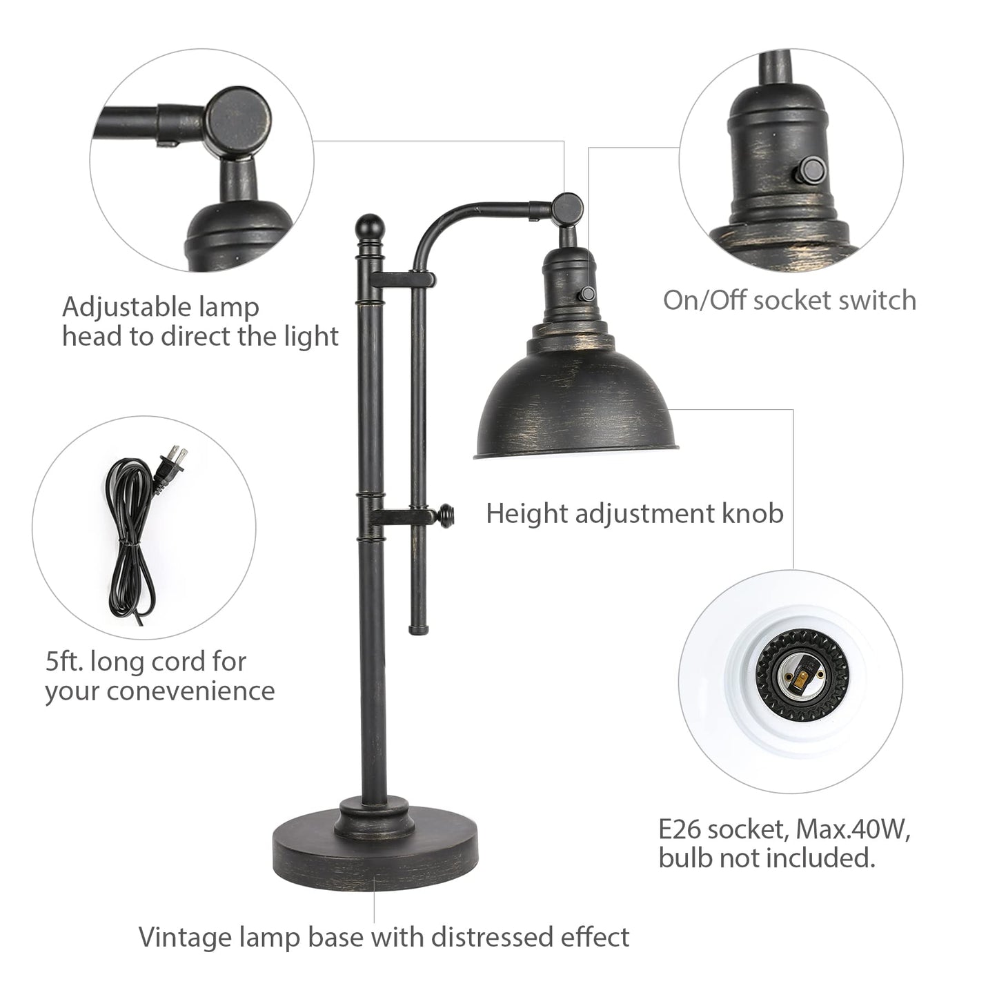 VONLUCE Rustic Desk Lamp Black Adjustable, Industrial Style Metal Task Lamp 25"-29", Vintage Work Lamp, Farmhouse Reading Lamp in Aged Bronze Finish, ETL Certificate