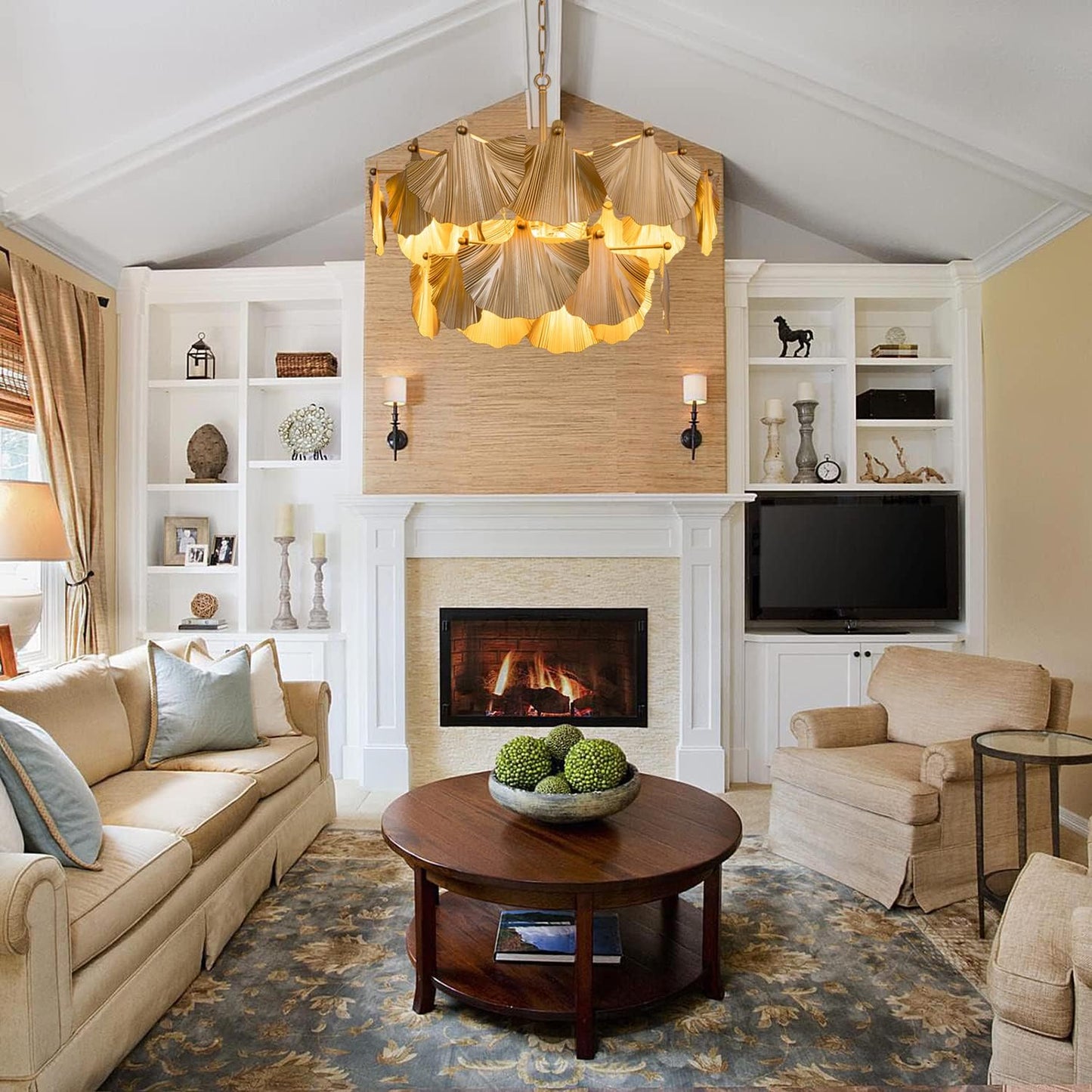 TOCHIC Modern Farmhouse Chandelier, 8 Lights Gold Chandeliers for Dining Room, Rustic Chandelier with Ginkgo Leaves, Ceiling Light Fixture for Living Room, Bedroom, Kitchen, Entryway, W-25.98"