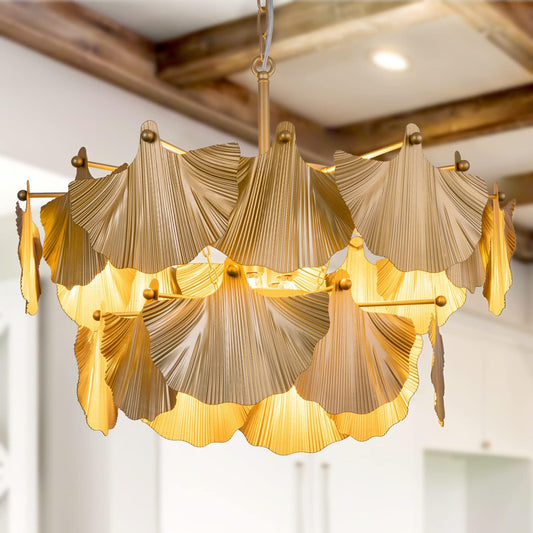 TOCHIC Modern Farmhouse Chandelier, 8 Lights Gold Chandeliers for Dining Room, Rustic Chandelier with Ginkgo Leaves, Ceiling Light Fixture for Living Room, Bedroom, Kitchen, Entryway, W-25.98"