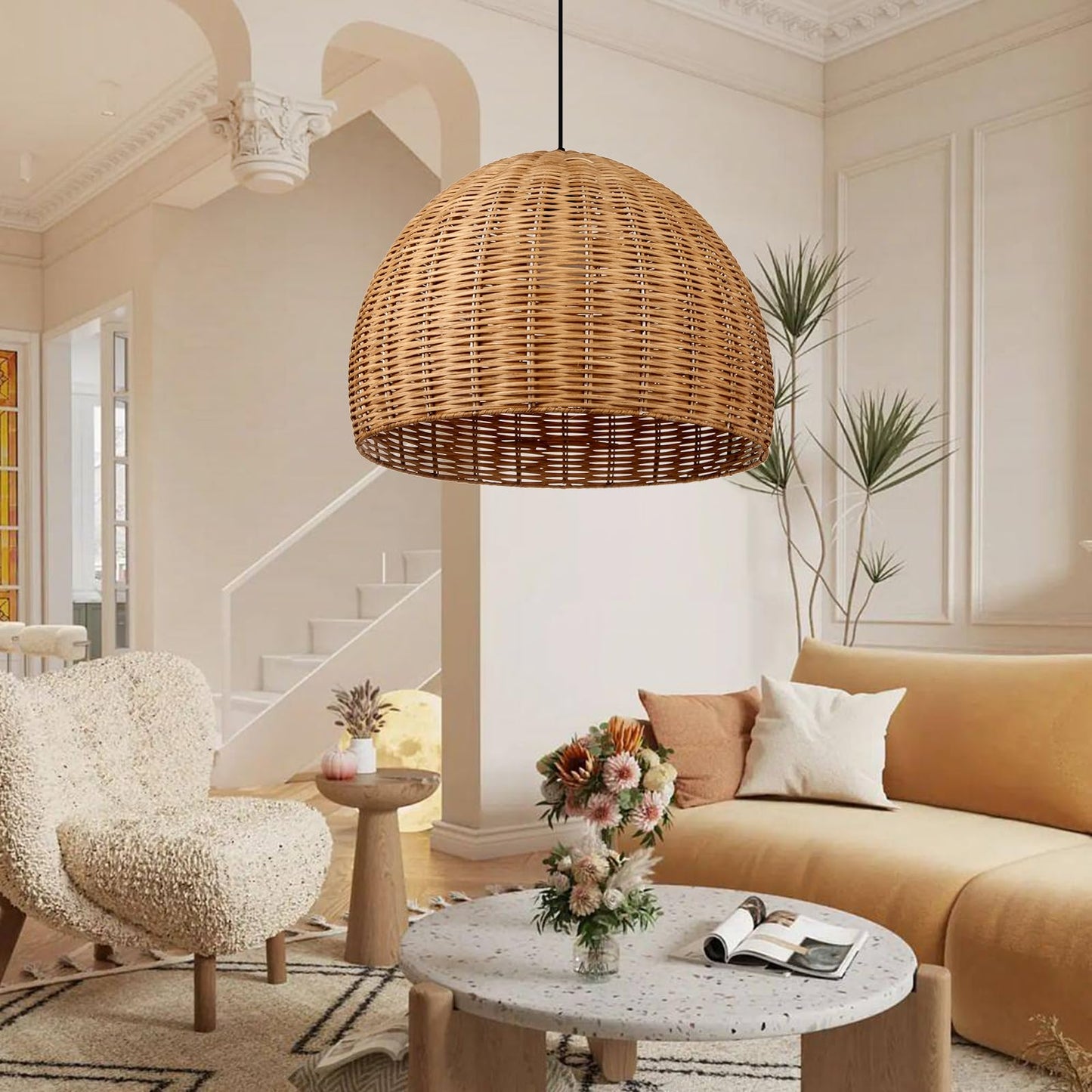 Arturesthome Hand Woven Rattan Pendant Lighting Fixture, 1-Light Bohemian Weaving Natural Ceiling Hanging Light, Farmhouse Coastal Chandelier for Kitchen Island, Living Room, Dining Room