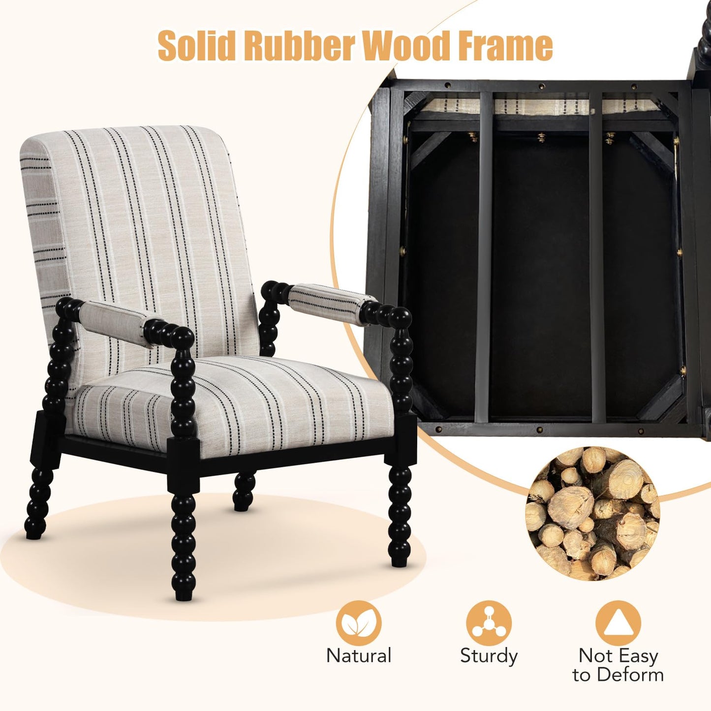 Giantex Mid Century Modern Spindle Accent Chair, Upholstered Armchair w/Rubber Wood Frame, Ergonomic Backrest & Fabric Covered Armrests, Comfy Single Sofa Chair for Reading Living Room Bedroom