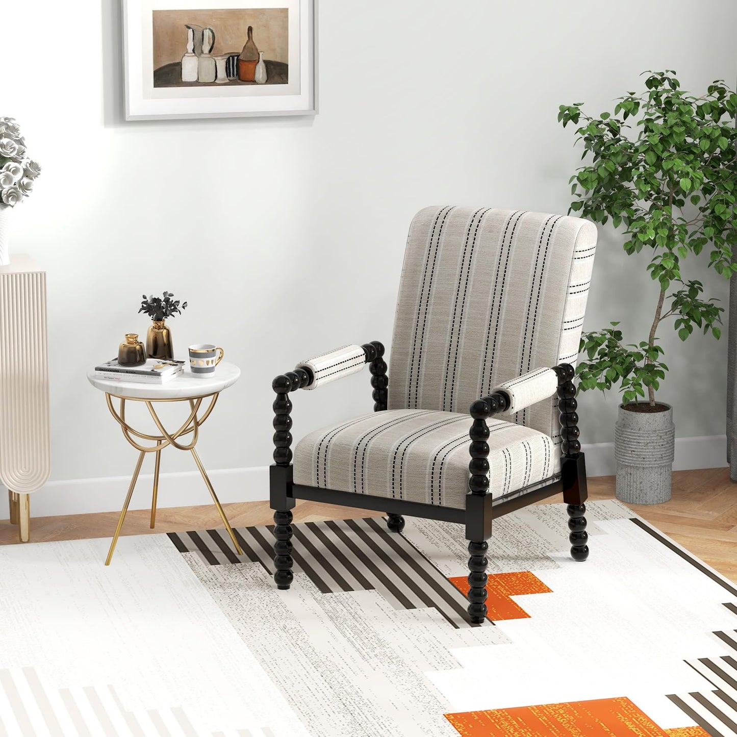 Giantex Mid Century Modern Spindle Accent Chair, Upholstered Armchair w/Rubber Wood Frame, Ergonomic Backrest & Fabric Covered Armrests, Comfy Single Sofa Chair for Reading Living Room Bedroom