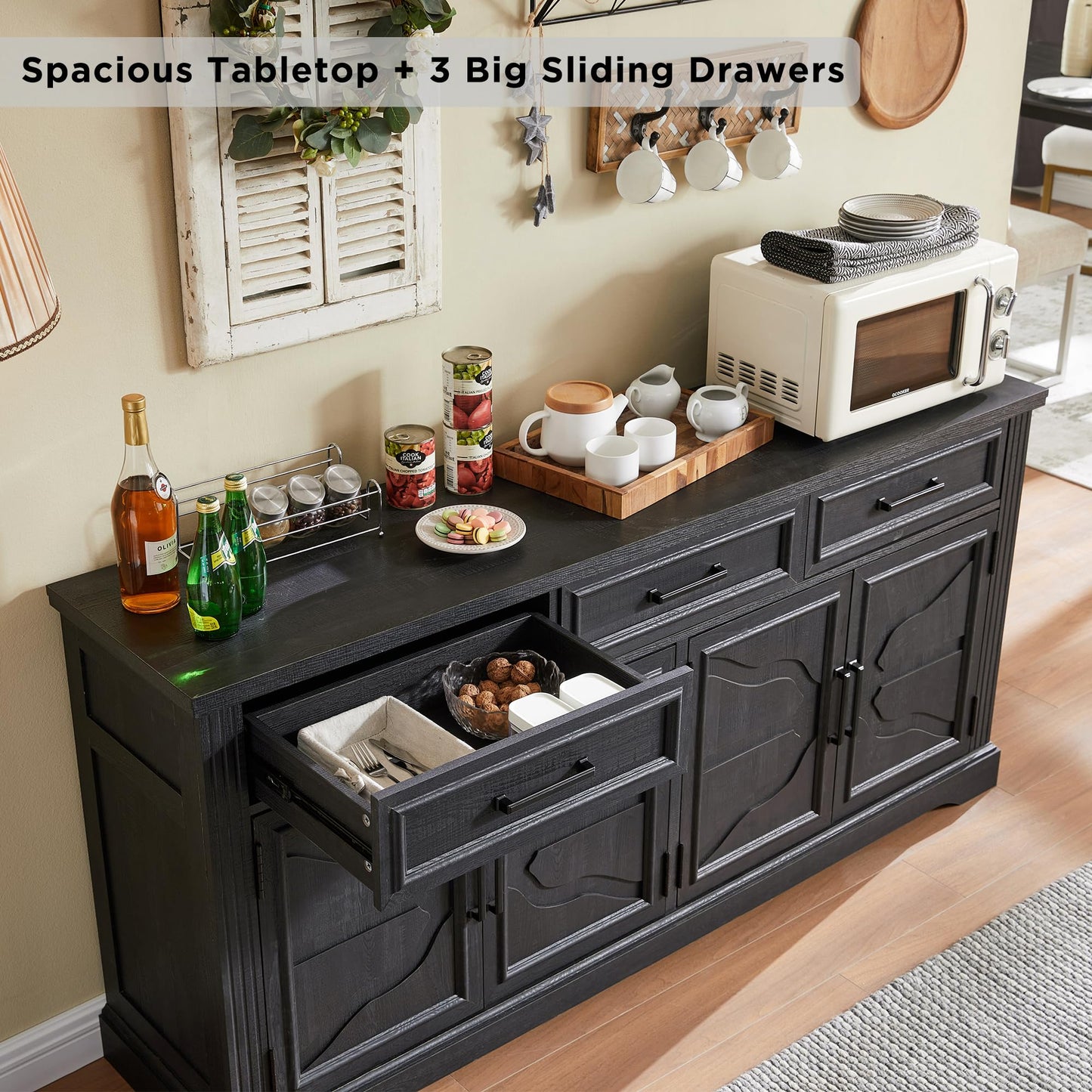 JXQTLINGMU 66" Large Buffet Sideboard Cabinet with 4 Doors and 3 Drawers, Buffet Table Coffee Bar Wine Bar Storage Cabinet for Dining Room, Living Room, Black