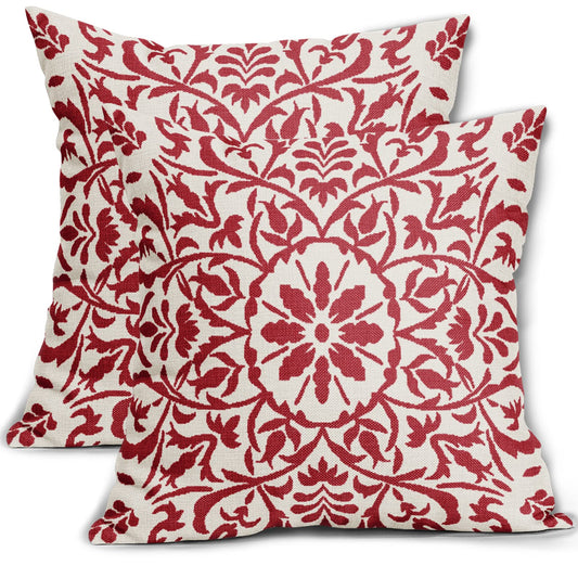 Sweetshow Red Ethnic Boho Pillow Covers 20 X 20 Inch Bohemian Carpet Style Vintage Flower Print Decorative Throw Pillows Outdoor Linen Square Cushion Case Farmhouse Decor for Home Sofa Bed Set of 2