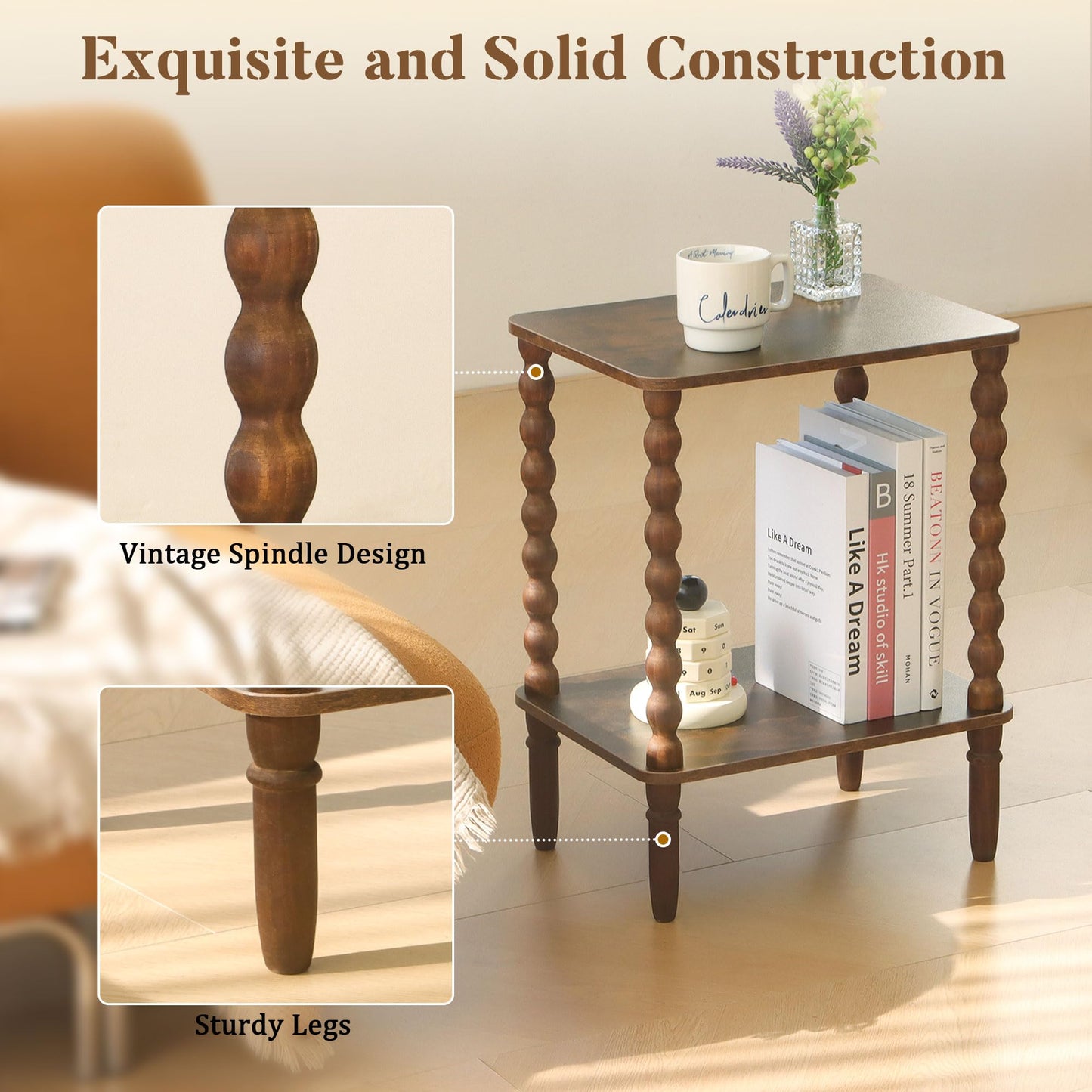 Fultyle Side Table, Small End Table with Storage Shelf, 2-Tier Small Coffee Tables Living Room for Bedroom, Narrow Spaces (Rustic Brown)