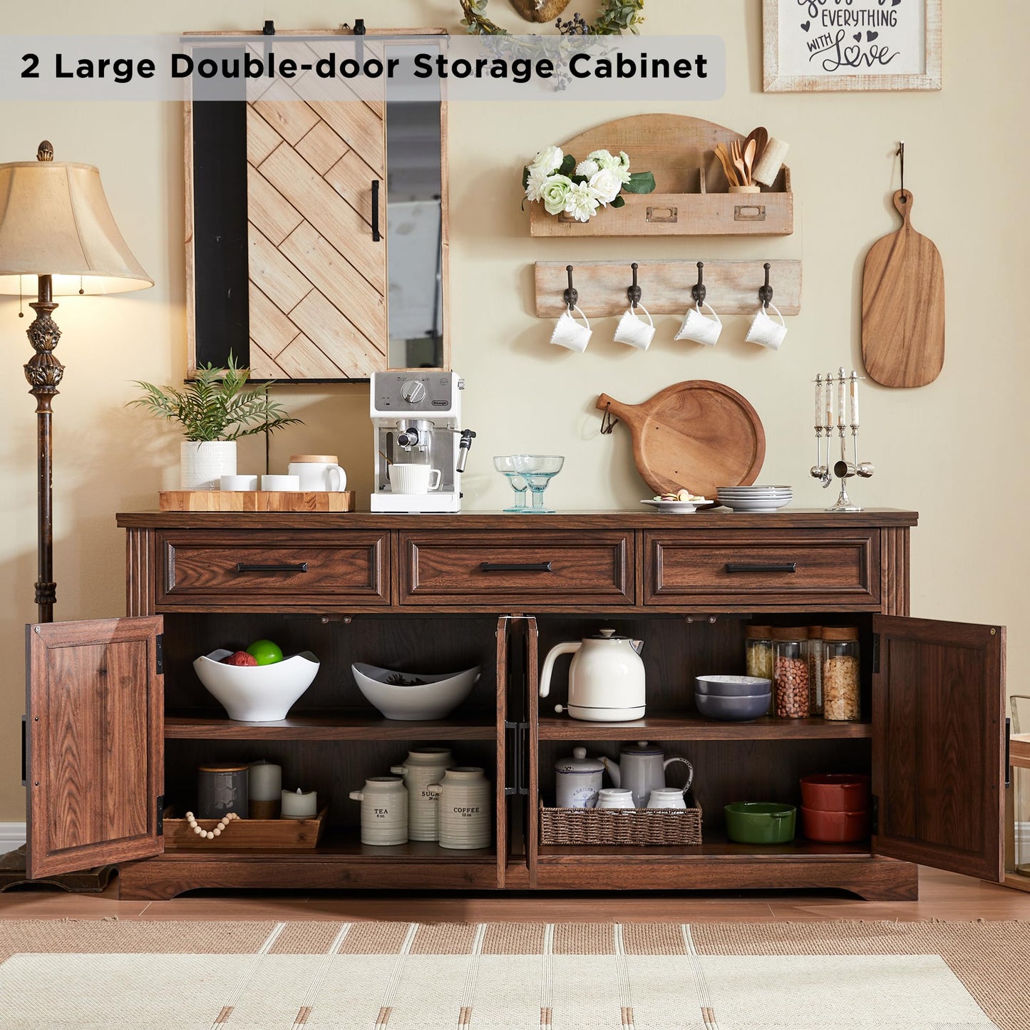 JXQTLINGMU 66" Large Buffet Sideboard Cabinet with 4 Doors and 3 Drawers, Buffet Table Coffee Bar Wine Bar Storage Cabinet for Dining Room, Living Room, Hallway, Dark Brown