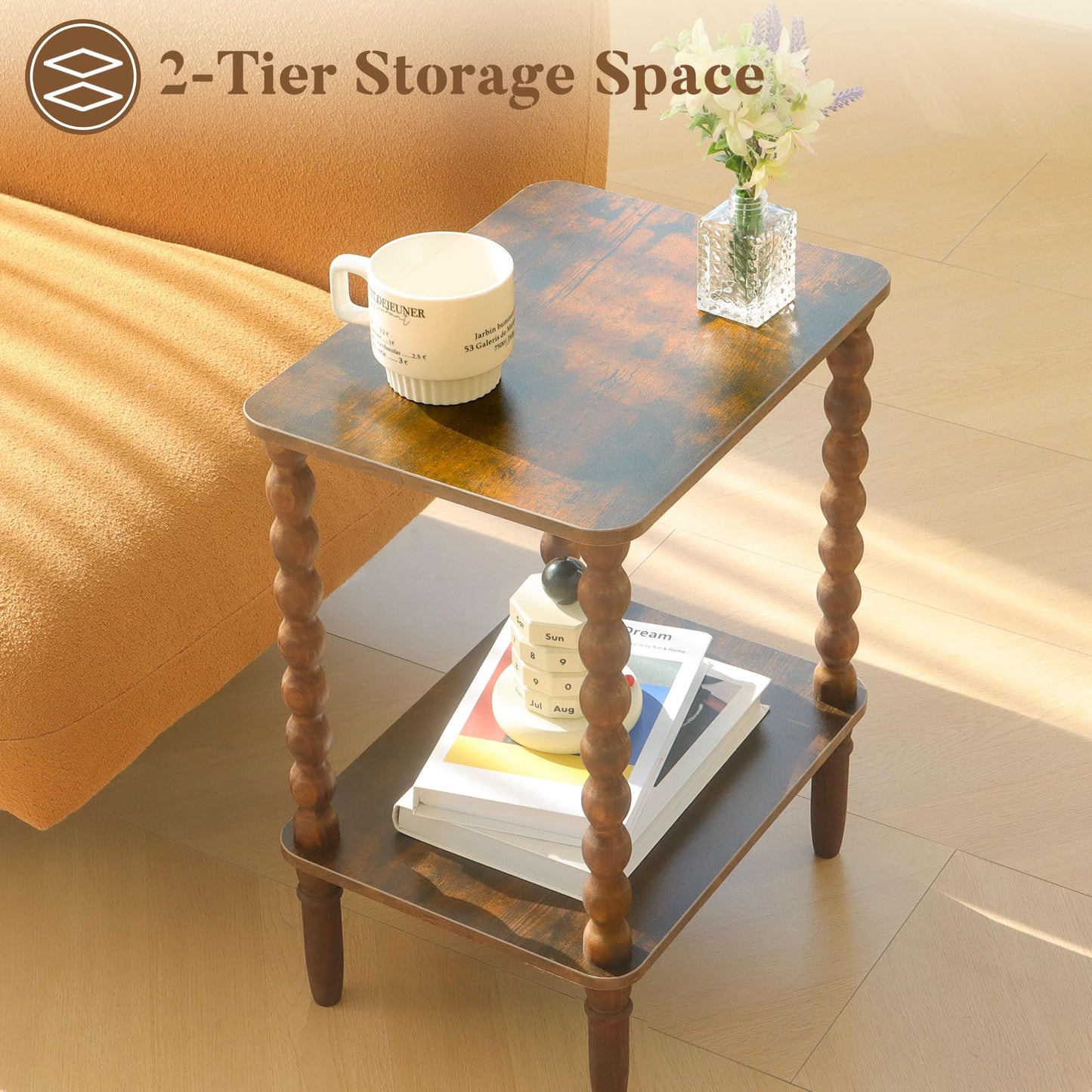 Fultyle Side Table, Small End Table with Storage Shelf, 2-Tier Small Coffee Tables Living Room for Bedroom, Narrow Spaces (Rustic Brown)