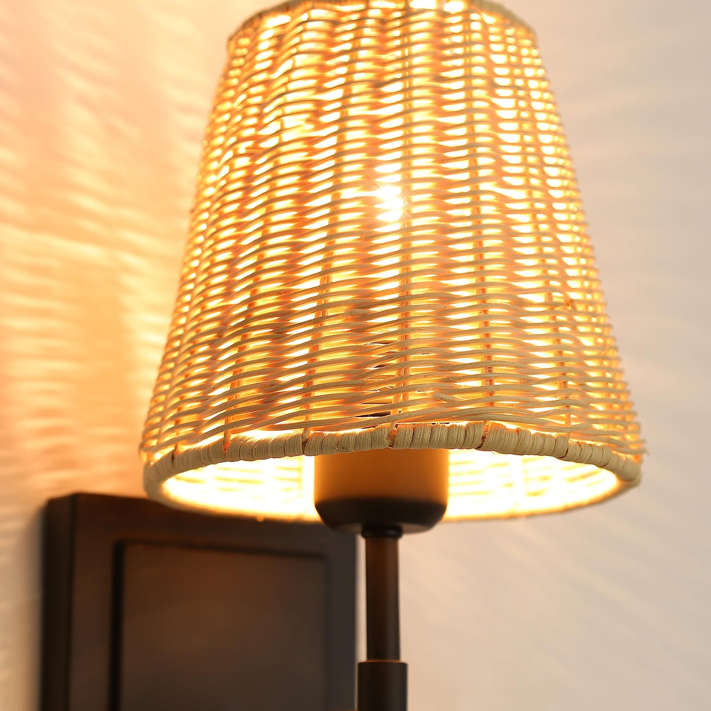 WINGBO Wall Sconce Rattan Wrapped Wall Lamp Set of 2, Wall Light Fixture Vintage Bedside Light Wicker Handmade Shade Reading Light Plug in or Hardwire Black