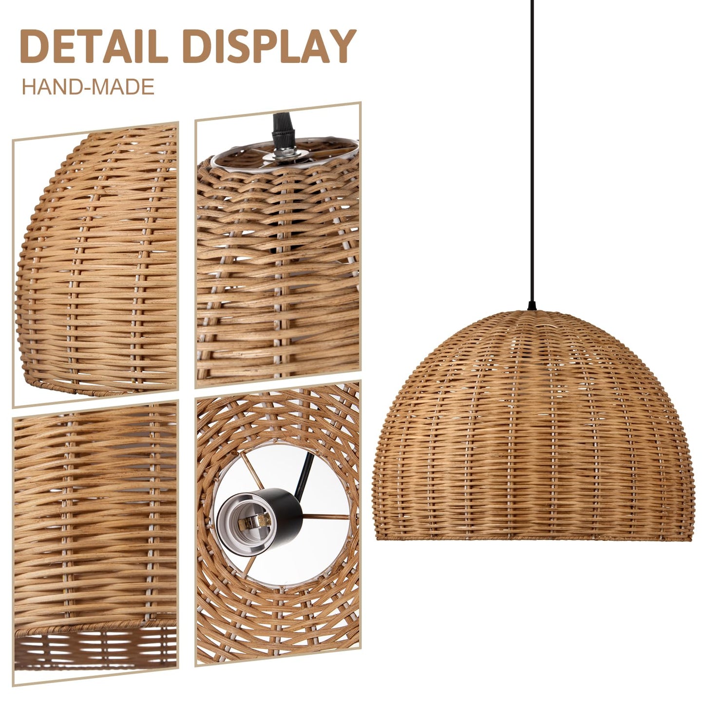 Arturesthome Hand Woven Rattan Pendant Lighting Fixture, 1-Light Bohemian Weaving Natural Ceiling Hanging Light, Farmhouse Coastal Chandelier for Kitchen Island, Living Room, Dining Room