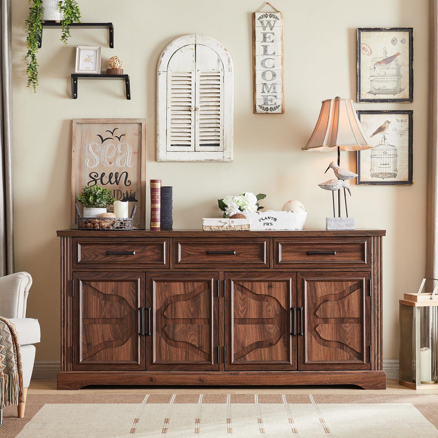 JXQTLINGMU 66" Large Buffet Sideboard Cabinet with 4 Doors and 3 Drawers, Buffet Table Coffee Bar Wine Bar Storage Cabinet for Dining Room, Living Room, Hallway, Dark Brown